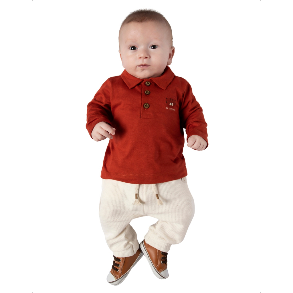 Conjunto Infantil Bebê Blusa Polo Botões Camisa Manga Longa Calça Comprida Cadarço Algodão Criança
