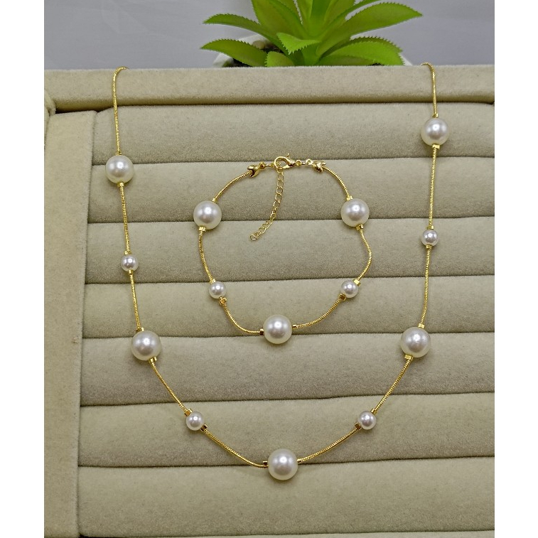 Conjunto Colar E Pulseira Com Pérolas – Corrente Rabo De Rato Folheado A Ouro 18K