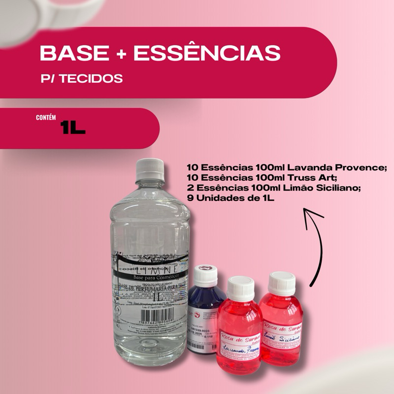 Kit 9L Base Perfumaria para tecidos e 22 Essências 100ml.