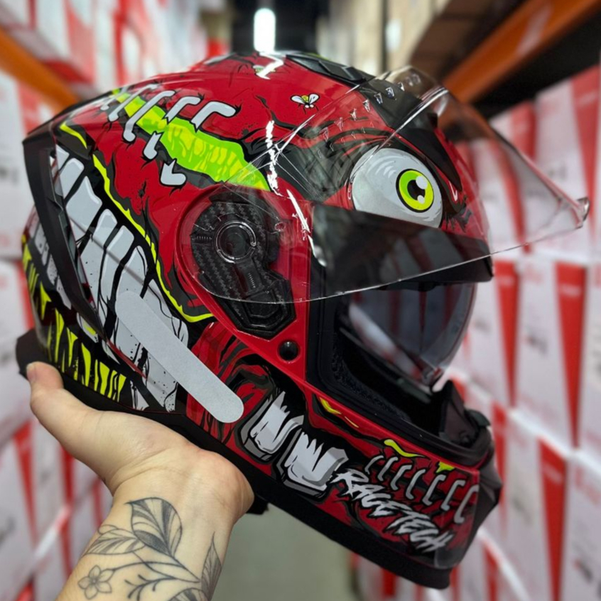 CAPACETE RACE TECH VOLT COM ÓCULOS SOLAR CROC MONSTER PARASITE VERMELHO PRETO + NARIGUEIRA