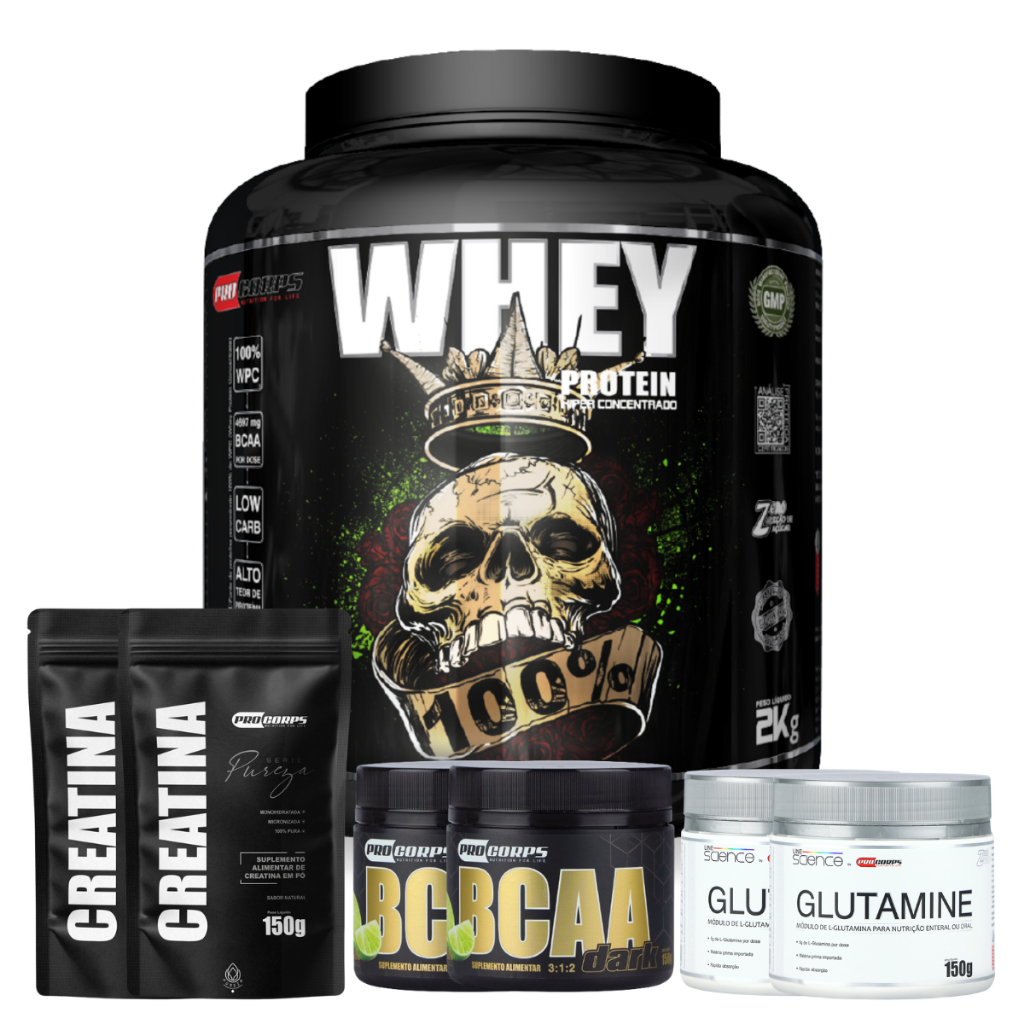 Whey 100% 2kg Pro Corps + 2 Creatina pura refil 150g + 2 Bcaa + 2 Glutamina