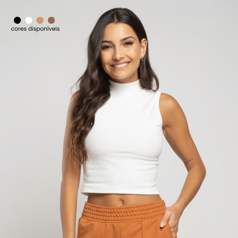 Blusa Feminina Cropped Gola Alta Canelado Básico Blogueira Sem Manga Regata Ribana