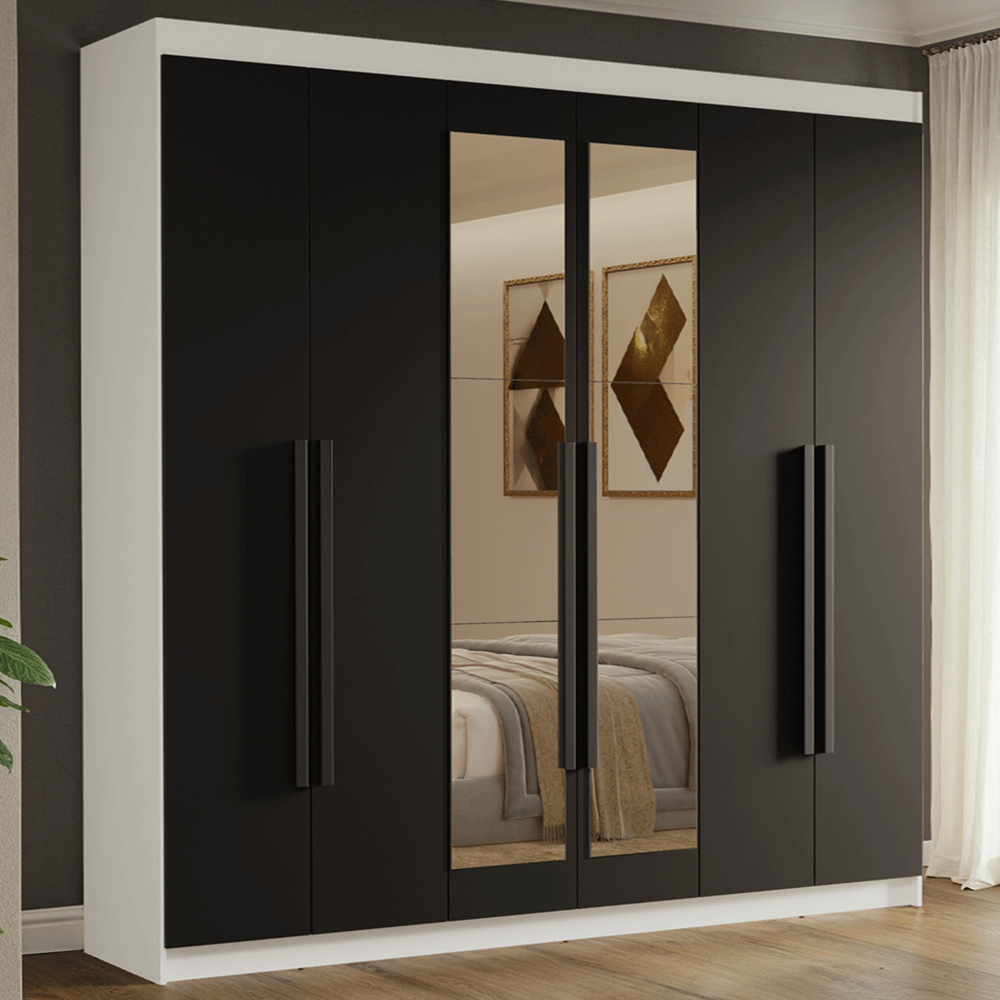 Guarda-Roupa Casal 6 Portas Batentes com Espelho Branco/Preto/Preto Venus Madesa