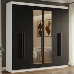 Guarda-Roupa Casal 6 Portas Batentes com Espelho Branco/Preto/Preto Venus Madesa