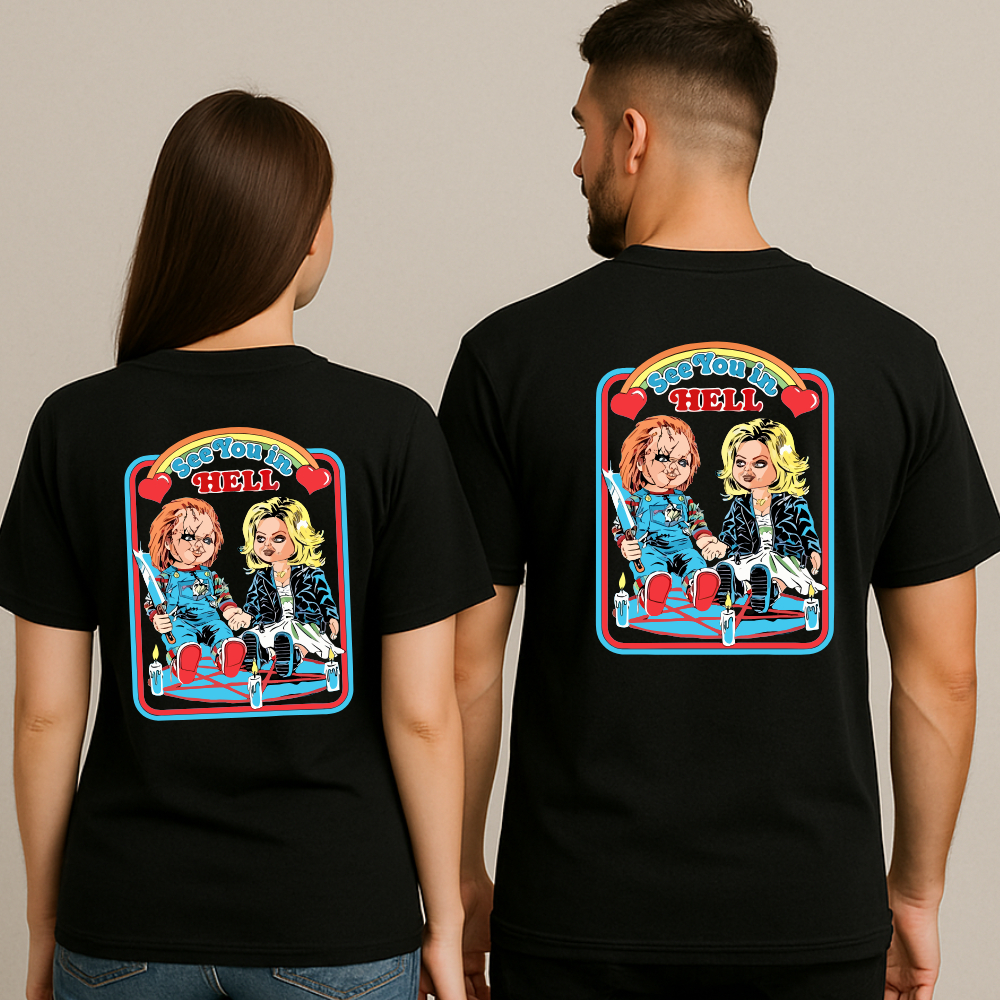 Kit Casal Camiseta Halloween chucky e tiffany Bonecos Terror 100% Algodão