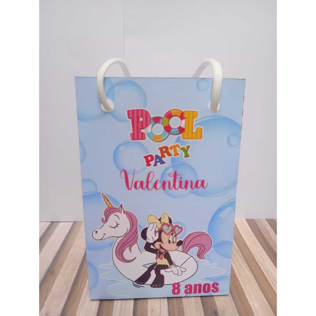 Sacolinhas personalizadas P Pool Party Minnie PEGUE E MONTE Lembrancinha de aniversário Sacolinha surpresa