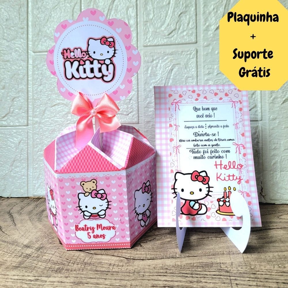 Centro de Mesa Hello Kitty Rosa ou Vermelha + Plaquinha Cachepô Personalizado Enfeite Arranjo Lembrancinha Aniversário