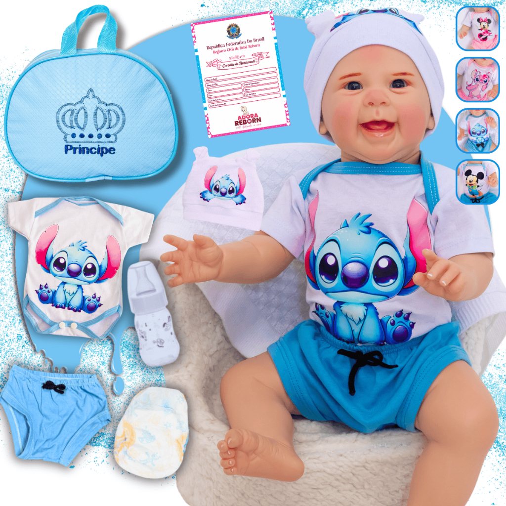 Bebê Reborn Menino Boneco Mazie Stitch Realista Original de Silicone Com Bolsa Maternidade