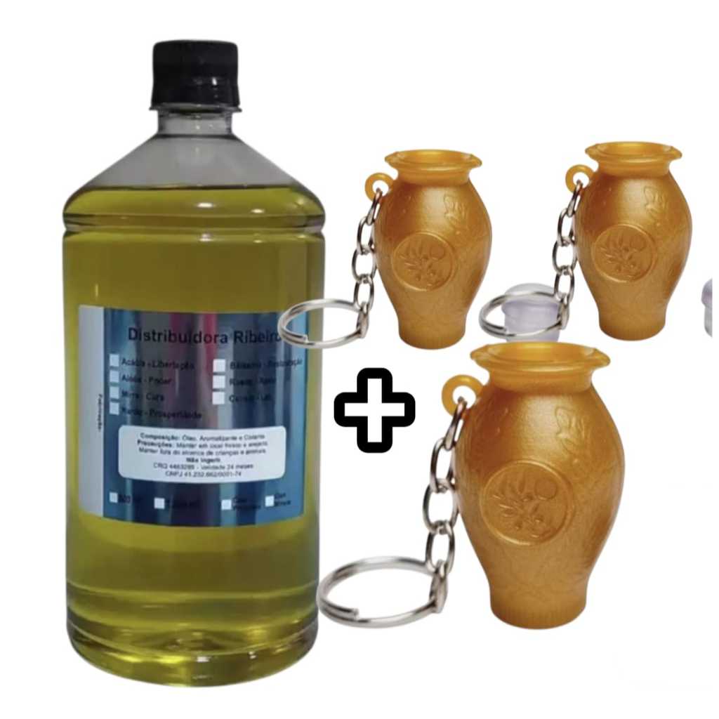Kit 1 litro Óleo de unção + 100 chaveiros botija porta óleo de unção cores Dourada ou Marrom