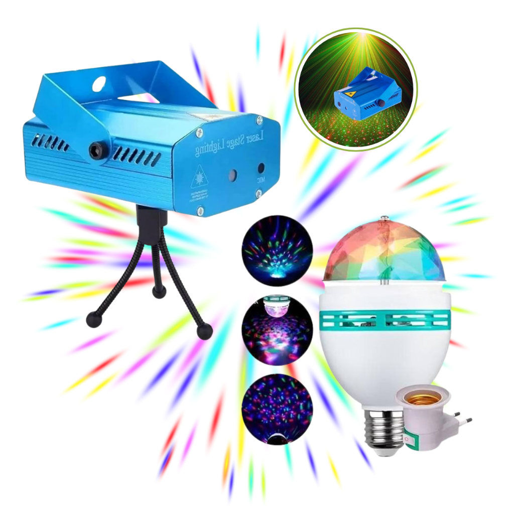 Kit Iluminação Festa Jogo De Luzes Dj Balada Laser Giratória Mini Laser + Lampada Giratoria