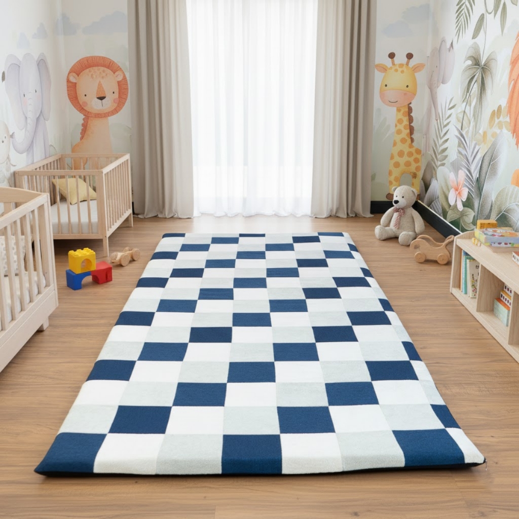 Tapete Infantil Mosaico Almofadado Para Quarto 218x100cm Azul Marinho Keiko Colchões