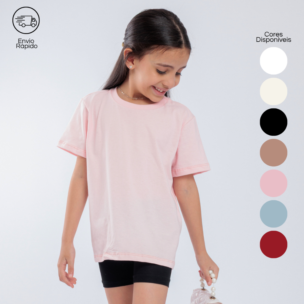 Camiseta Básica Infantil Juvenil Manga Curta Sem estampa Gola Rendonda Casual Escolar 2 ao 14