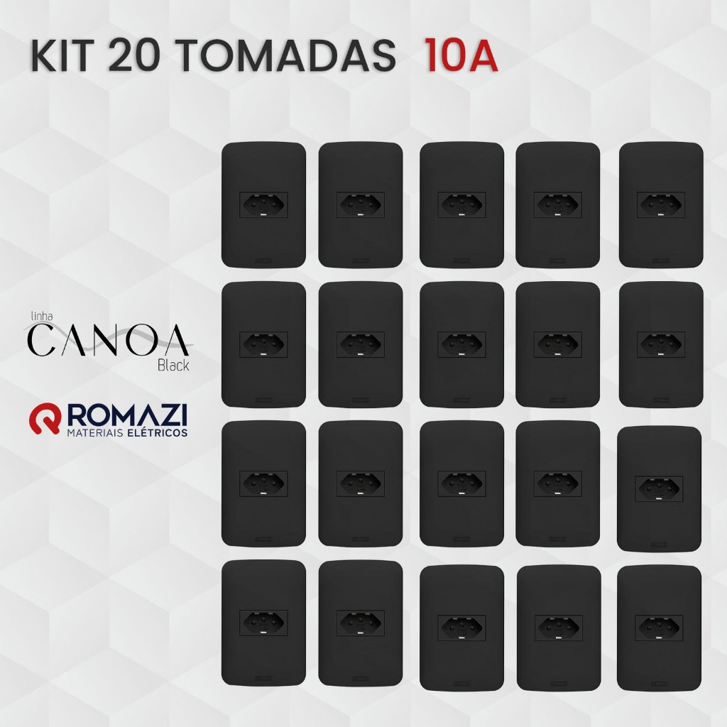 KIT 20 TOMADAS 10A CANOA BLACK - ROMAZI em Oferta na Shopee