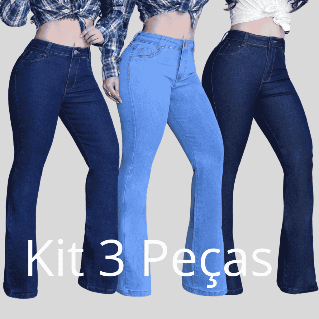 KIT 3 CALÇA JEANS FLARE FEMININA CINTURA ALTA EMPINA BUMBUM TECIDO GROSSO COM LYCRA ELASTANO RODEIO