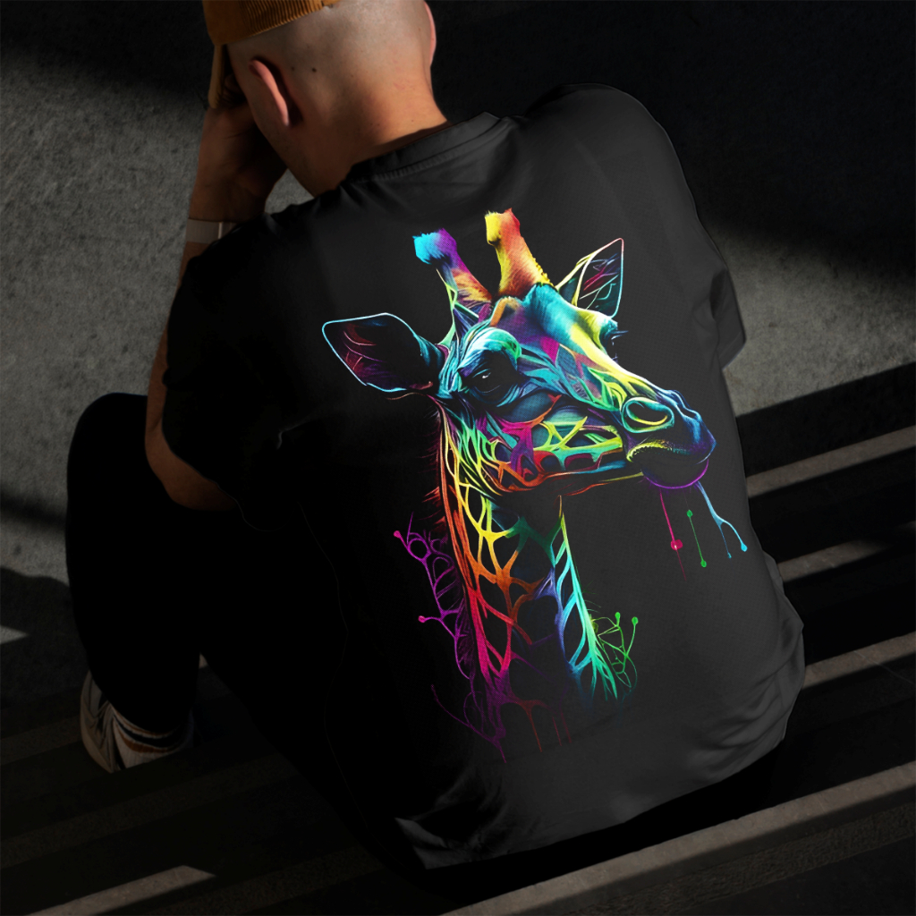 Camiseta Masculina Estampada Girafa Colorida 100% Algodão Estilo Conforto Diário Do Tamanho P ao GG