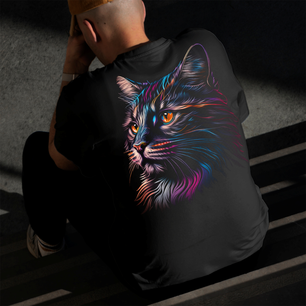 Camiseta Masculina Estampada Gato 100% Algodão Estilo Conforto Diário Do Tamanho P ao GG