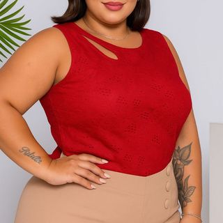Blusa Feminina Plus Size Cropped Laise Regata Recorte Ombro Malha Lese P ao G3 top Regata Alça Dupla