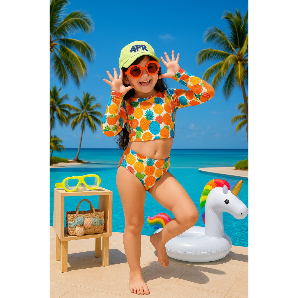 Biquini Infantil Menina 6 a 12 anos Moda Feminina Cropped Manga Longa e Calcinha Proteção Solar UV