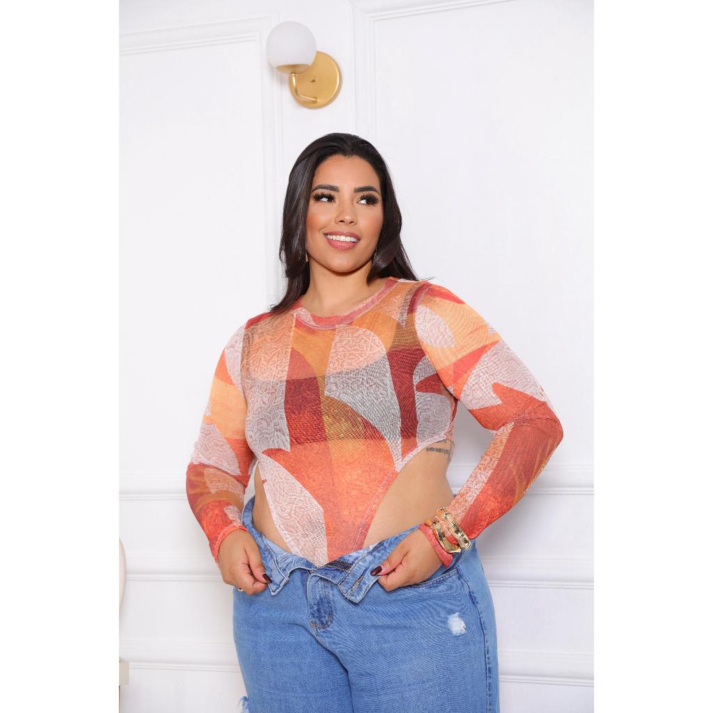 Body Tule estampa única, manga longa, body cavado, gola alta, tendencia, verano 2026 sem sutia moda gringa