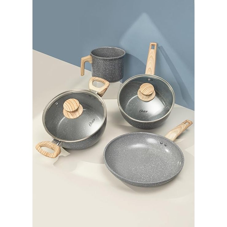 Detalhes do OSTER JOGO DE PANELAS E LEITEIRA MARBLE EDITION DARK GREY – 4 PEÇAS COM REVESTIMENTO CERÂMICO ANTIADERENTE