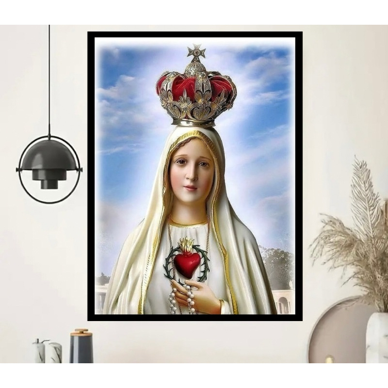 Quadro Nossa Senhora de Fátima 60x40 cm borda Preta | Imagem Religiosa Decorativa Católica