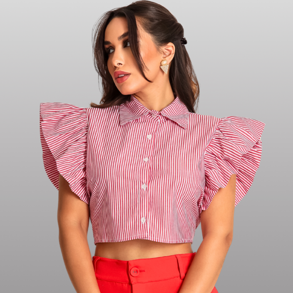 Blusa Cropped Tricoline Manga Curta Estilosa em Oferta na Shopee