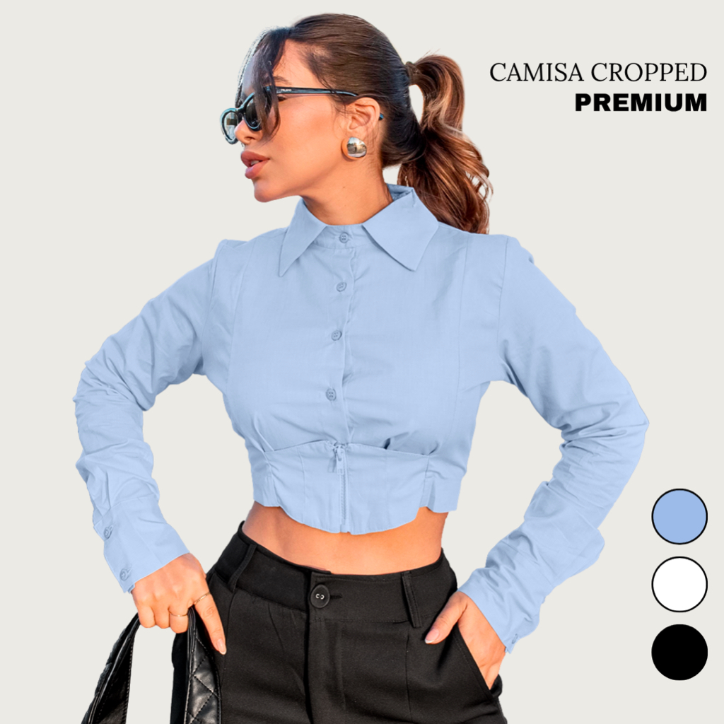 Blusa Camisa Cropped Manga Longa Tricoline Elegante em Oferta na Shopee