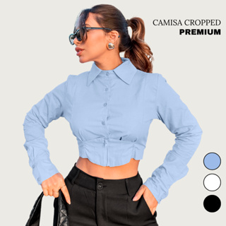 Blusa Camisa Cropped Manga Longa Tricoline Elegante em Oferta na Shopee