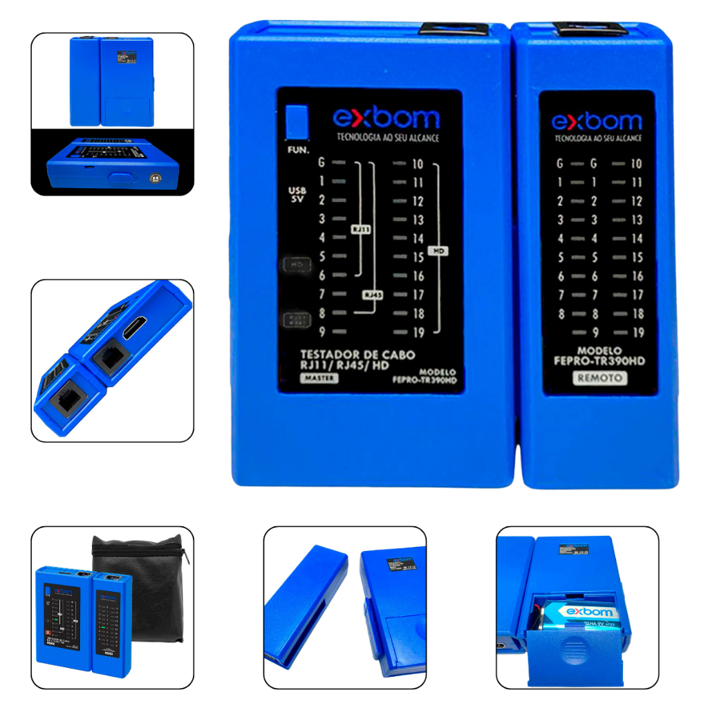 Testador de Cabos com LED Indicativo Alimentação USB Automático 3 em 1 Profissional Tesa RJ 45  RJ 11 HDMI