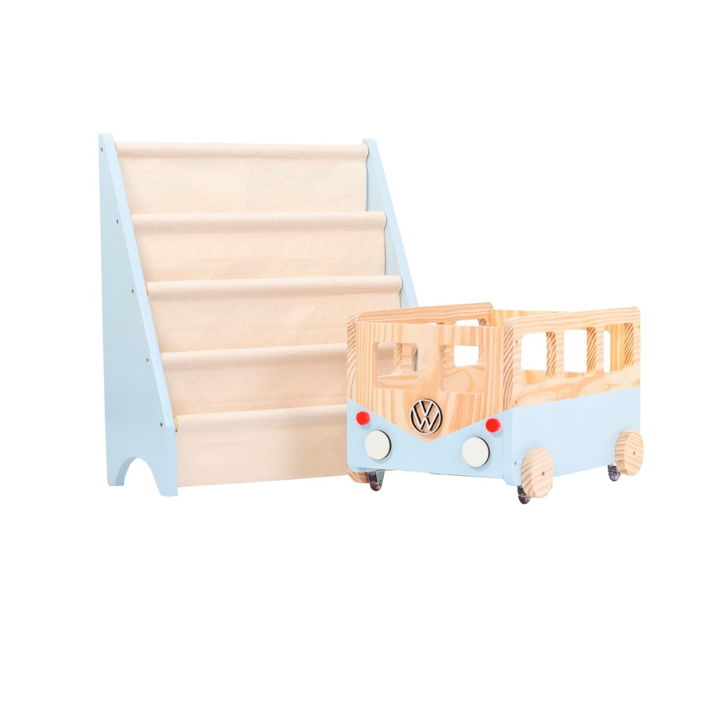 Brinquedoteca Montessori Rack Livros + Caixote Kombi Azul