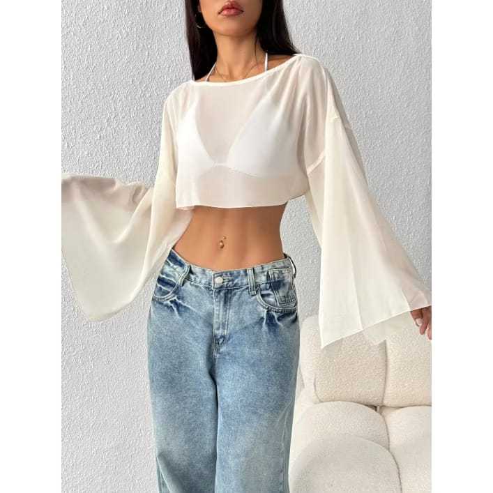 Cropped tule transparente manga flare manga Longa aberta noite balada festa