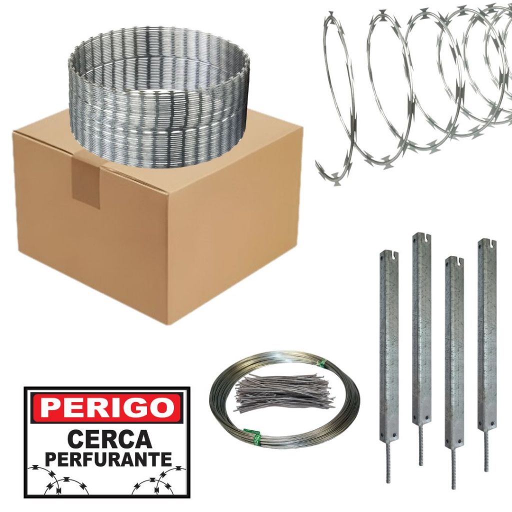 Kit Cerca Concertina Ouriço Galvanizado Kit Completo 30 cm para 10 metros