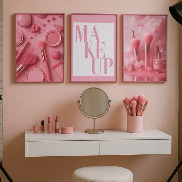 Quadro Decorativo Kit 3 Peças Rosa Makeup Maquiagem Studio Maquiador Beleza Estética 4K Full Mdf