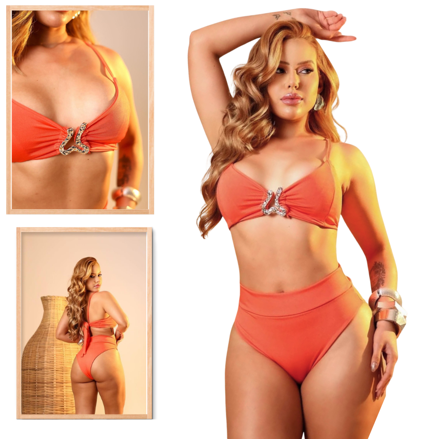 Biquini Cintura Alta Top com Bojo Regulavél Fivela Hot Pant Modelagem Ampliada