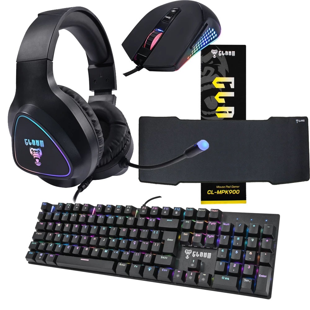 Kit Gamer 4 em 1 Headset HM709 Preto Teclado TK87 Mecânico Mouse MK043 Mousepad 