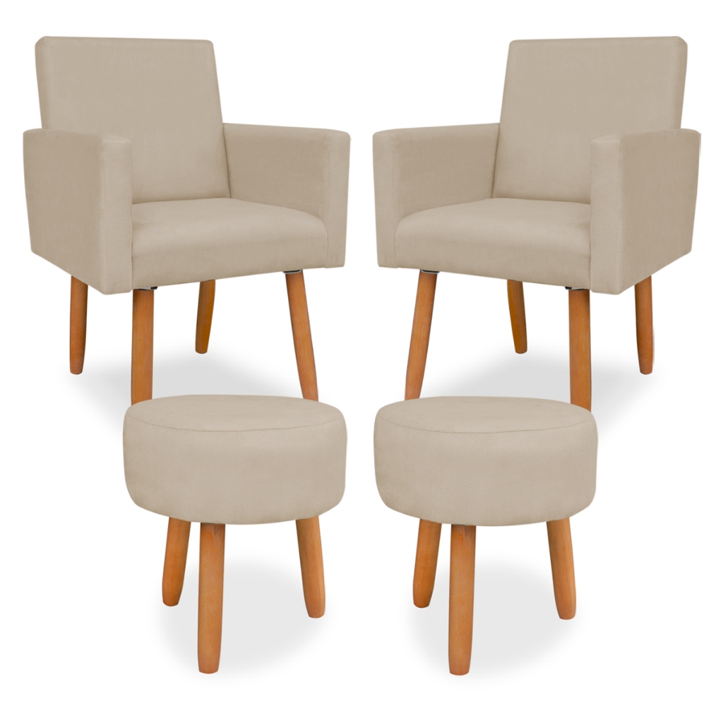 Kit 2 Poltronas Nina e 2 Puff Redondo - Poltrona e Puff Nina Kit com 2