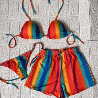 Biquíni Kit Cortininha Moda Feminina (Biquín Com a Shorts) Conjunto 3pcs