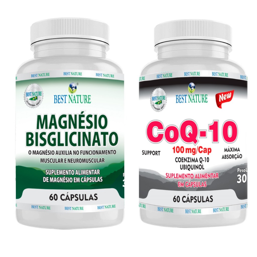 Kit Saúde do Coração Coenzima Q10 Ubiquinol 100mg + Magnesio Bisglicinato 60 Capsulas Cada Item