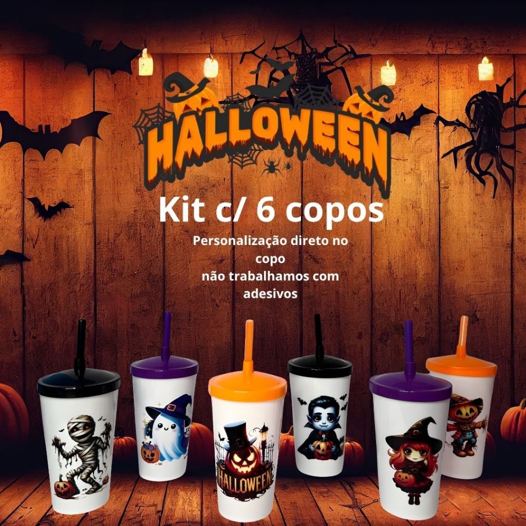 Kit 06 Copo Halloween 500ml - Copo Acrilico com Tampa e Canudo - DIA DAS BRUXAS - Personalizados -