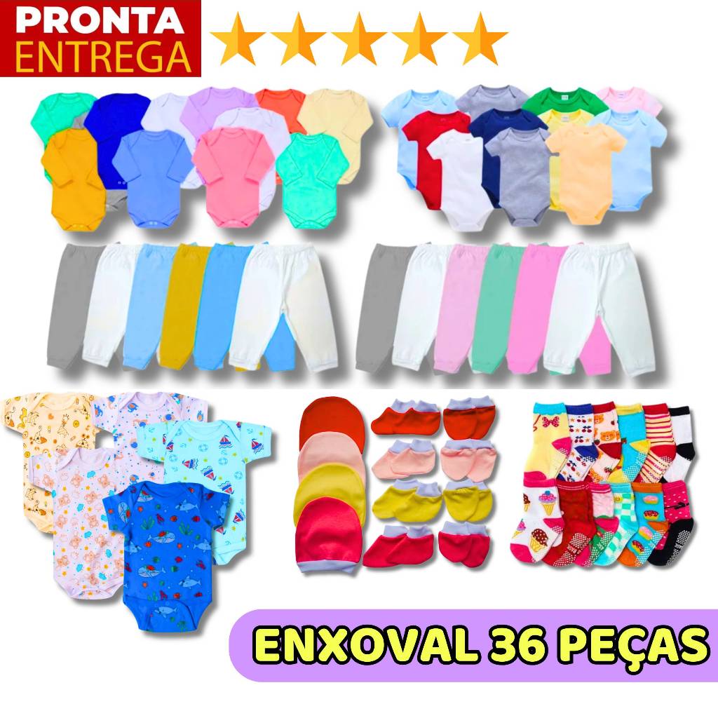 Kit Enxoval 36 Peças Roupinhas De Bebê Menino E Menina Body Mijão Algodão