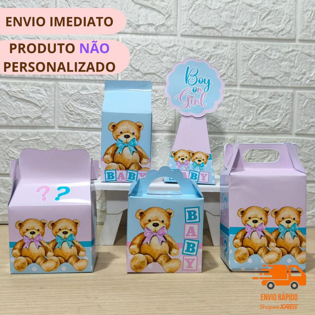 Kit Caixinhas URSINHOS Chá Revelação ROSA E AZUL /Lembrancinhas / Kit Festa Pegue e Monte – Pronta Entrega (PE)