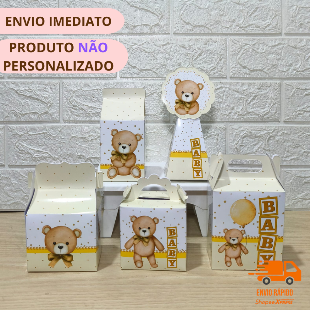 Kit Caixinhas Ursinho  Chá Revelação Dourado e Bege/Lembrancinhas / Kit Festa Pegue e Monte – Pronta Entrega (PE)