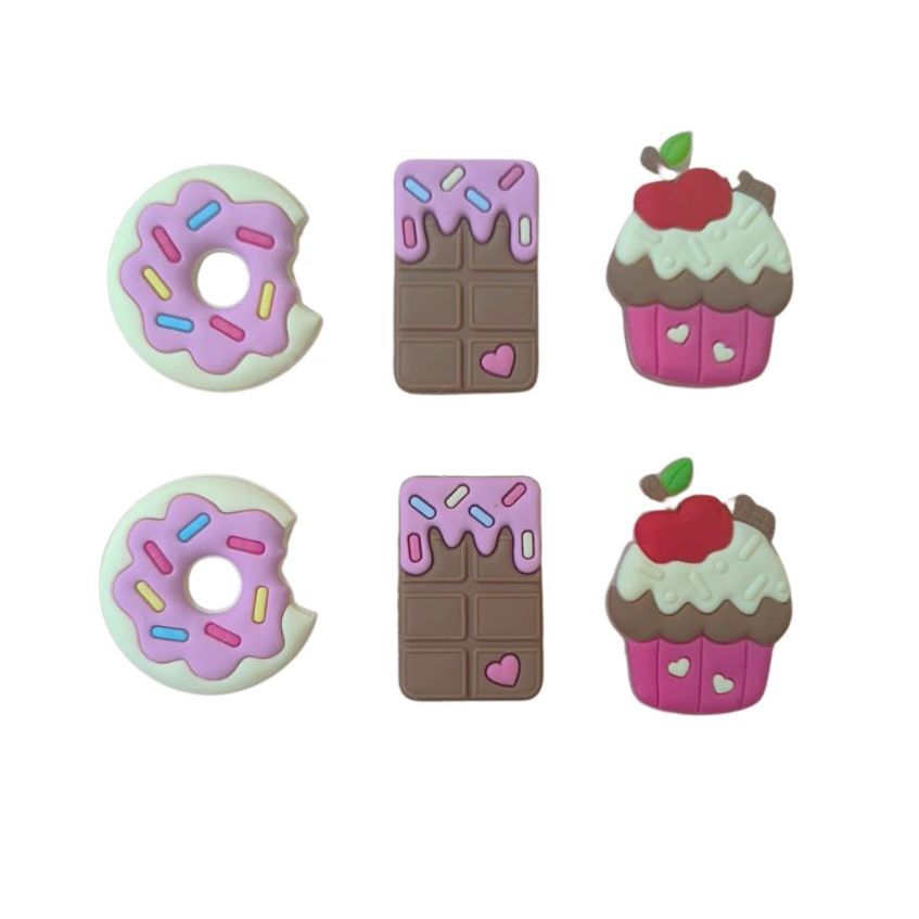 Acessórios para Babuche Kit 6 Pins Docinhos Fofos Rosquinha, Barra Chocolate, Cupcake Enfeites de Babuche