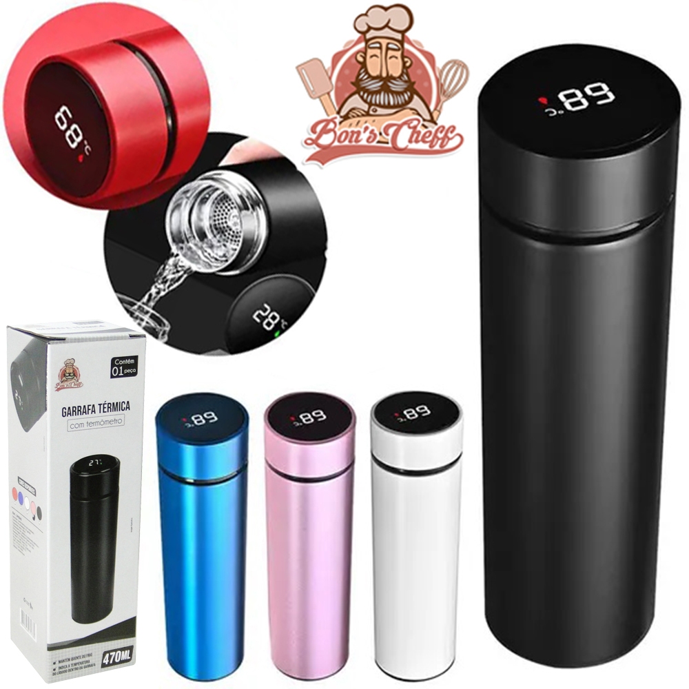 GARRAFA TERMICA DE INOX COM TERMOMETRO DIGITAL + TAMPA COLORS 470ML NA CAIXA