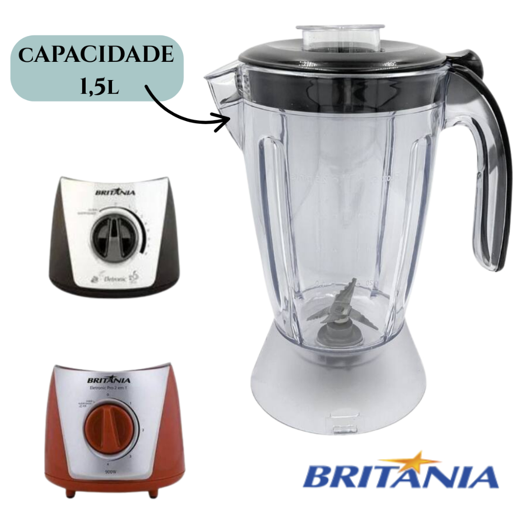 Copo Para Liquidificador Compatível Com Britania Eletronic Pro 2 Em 1 Tampa Preta Cristal