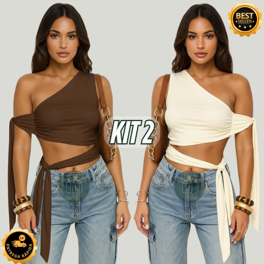Kit 2  Ou 1 Unidade Blusa Cropped com Amarração – Suplex Premium Slim Festa Moda Gringa em Oferta na Shopee
