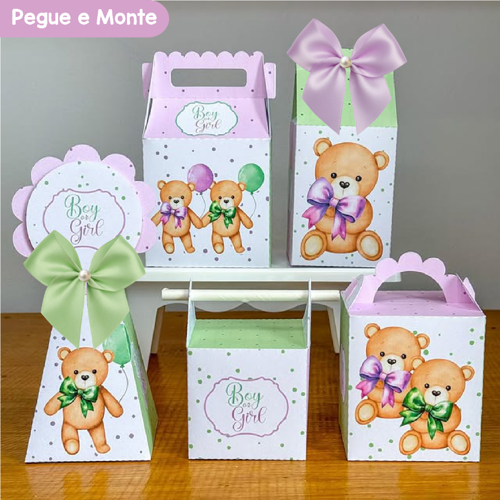Kit Festa Chá Revelação Verde e Lilás Ursinhos | Personalizados | Lembrancinhas | Caixinhas para Festa | (Pegue e Monte)