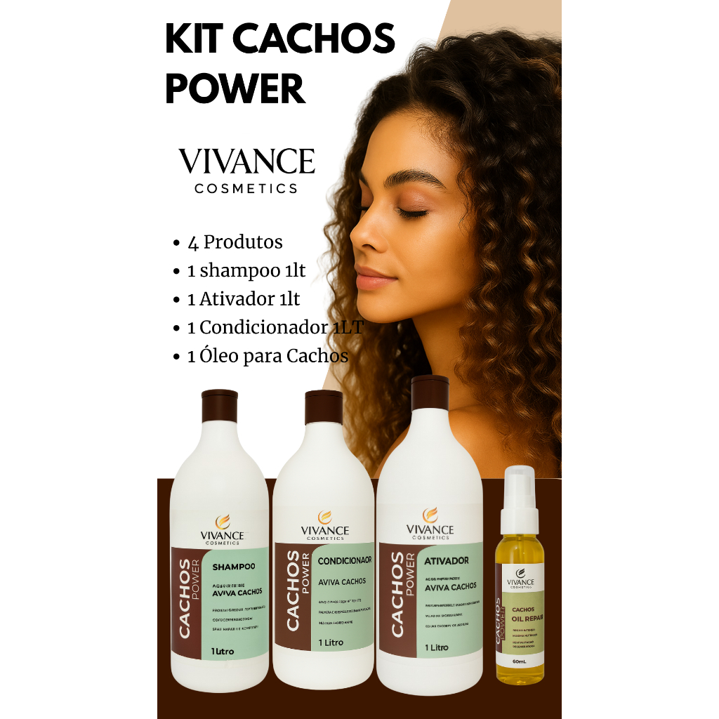 KIT VIVANCE CACHOS SHAMPOO 1LT + CONDICIONADOR 1LT + ATIVADOR DE CACHOS 1LT + ÓLEO CACHOS 60ML