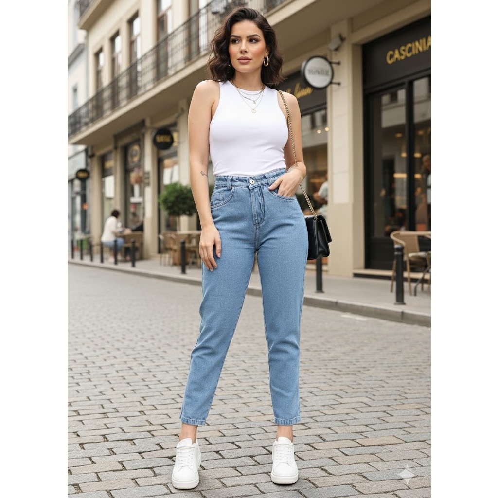 Calça Mom Jeans Feminina Barrinha Dobrada Cintura Alta Sem Lycra em Oferta na Shopee