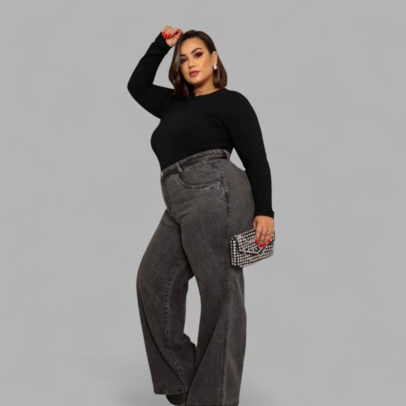 Calça Wide Leg Jeans Grafite Plus Size | 100% Jeans | Modelagem Solta